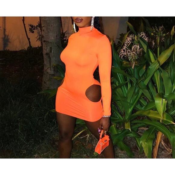 Oh Polly NWT Outsider Bodycon Mini Dress Long Sleeve Cut Out Neon Orange Size 6 - Picture 1 of 14